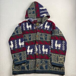 Ruminahui Vintage Wool Hooded Cardigan Llama Intarsia Sweater Ecuador Mens L